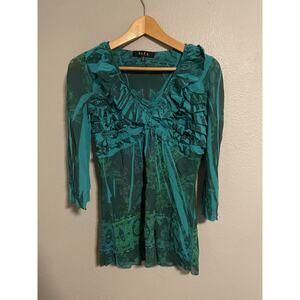 BLEU Top Womens Medium Green Teal Sheer Ruffle Mesh 3/4 Sleeve Top Boho Y2K
